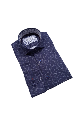 7 Downie St. Patterned Dress Shirt - Navy - FW 26 LS