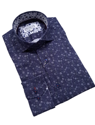 7 Downie St. Patterned Dress Shirt - Navy - FW 26 LS
