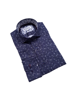 7 Downie St. Patterned Dress Shirt - Navy - FW 26 LS