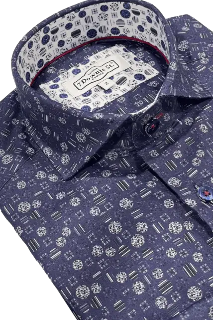 7 Downie St. Patterned Dress Shirt - Navy - FW 26 LS