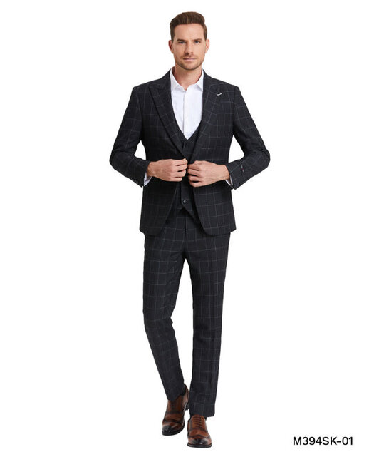 Tazzio - 1 Button Windowpane Peak Lapel Suit - Dark Grey