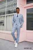 Stacy Adams 3Pcs Windowpane 1 Button Peak Lapel Suit - Light Blue