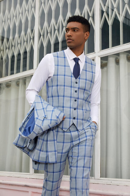 Stacy Adams 3Pcs Windowpane 1 Button Peak Lapel Suit - Light Blue