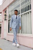 Stacy Adams 3Pcs Windowpane 1 Button Peak Lapel Suit - Light Blue