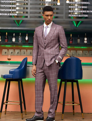 Stacy Adams 3Pcs Windowpane 1 Button Peak Lapel Suit - Dark Pink