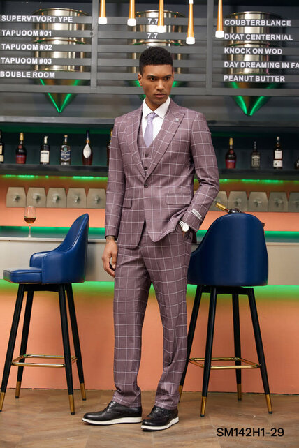 Stacy Adams 3Pcs Windowpane 1 Button Peak Lapel Suit - Dark Pink Stacy Adams 3Pcs Windowpane 1 Button Peak Lapel Suit - Dark Pink