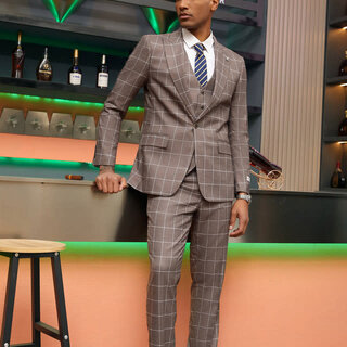 Stacy Adams 3Pcs Windowpane 1 Button Peak Lapel Suit - Brown