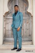 Stacy Adams 3Pcs Windowpane Suit W/Double Breasted Vest - Teal Blue Stacy Adams 3Pcs Windowpane Suit W/Double Breasted Vest - Teal Blue