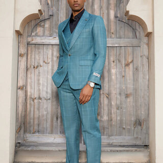 Stacy Adams 3Pcs Windowpane Suit W/Double Breasted Vest - Teal Blue