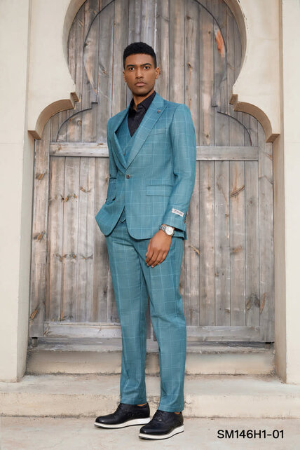 Stacy Adams 3Pcs Windowpane Suit W/Double Breasted Vest - Teal Blue Stacy Adams 3Pcs Windowpane Suit W/Double Breasted Vest - Teal Blue
