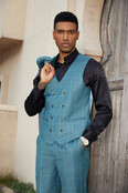 Stacy Adams 3Pcs Windowpane Suit W/Double Breasted Vest - Teal Blue Stacy Adams 3Pcs Windowpane Suit W/Double Breasted Vest - Teal Blue