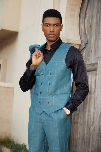 Stacy Adams 3Pcs Windowpane Suit W/Double Breasted Vest - Teal Blue Stacy Adams 3Pcs Windowpane Suit W/Double Breasted Vest - Teal Blue