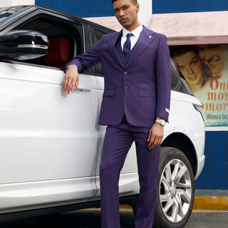 Stacy Adams 3Pc Notch Peak Lapel Plaid Suit - Purple