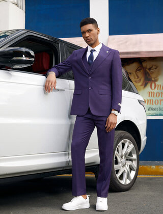 Stacy Adams 3Pc Notch Peak Lapel Plaid Suit - Purple