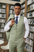 Stacy Adams 3Pcs Windowpane 2 Button Notch Lapel Suit - Green