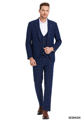 Tazzio - 1 Button Windowpane Peak Lapel Suit - Blue