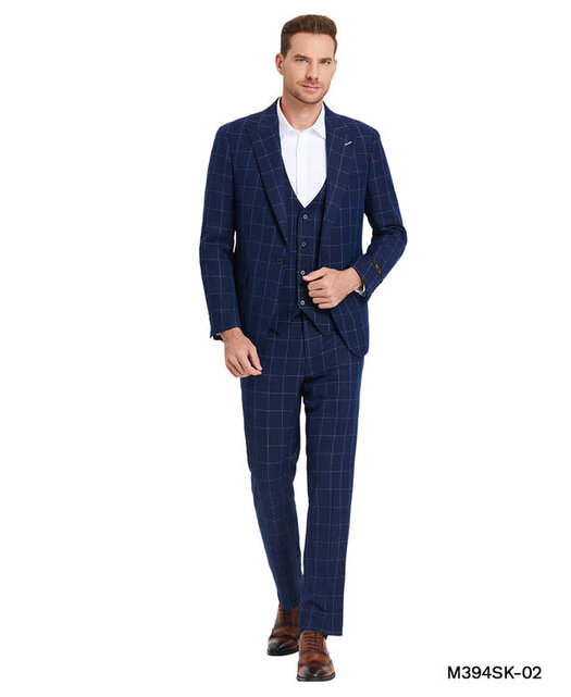 Tazzio - 1 Button Windowpane Peak Lapel Suit - Blue