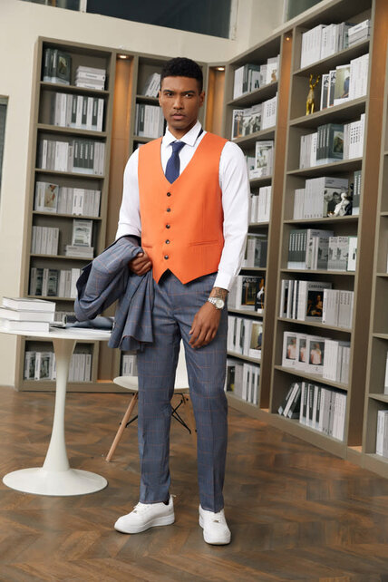 Stacy Adams 3Pcs Windowpane Suit W/Reversable Vest - Blue/Orange