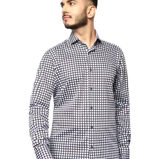 7 Downie St. Check Dress Shirt - Navy - FW 76 LS