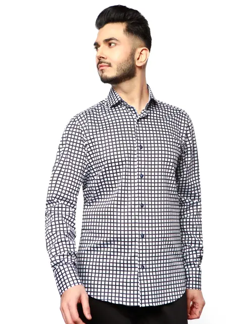 7 Downie St. Check Dress Shirt - Navy - FW 76 LS