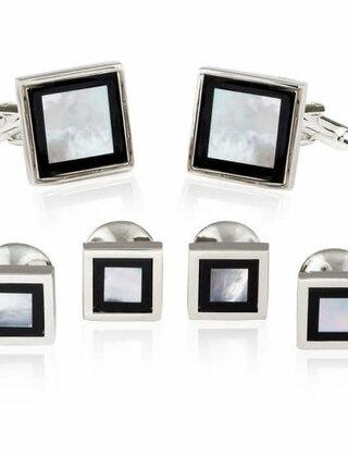 Framed Mother of Pearl Onyx Tuxedo Set Cufflinks Studs