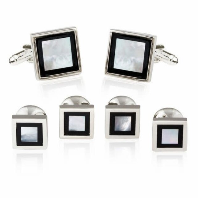 Framed Mother of Pearl Onyx Tuxedo Set Cufflinks Studs Framed Mother of Pearl Onyx Tuxedo Set Cufflinks Studs