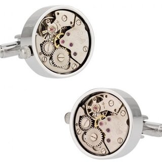 Working Silver Watch Movement Steampunk Cufflinks With Glass Cover