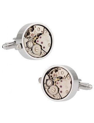 Working Silver Watch Movement Steampunk Cufflinks With Glass Cover