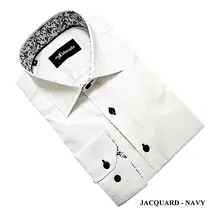Eldorado Jacquard Dress Shirt - White W/Navy Buttons