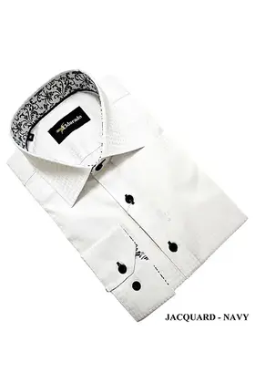 Eldorado Jacquard Dress Shirt - White W/Navy Buttons