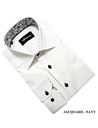 Eldorado Jacquard Dress Shirt - White W/Navy Buttons