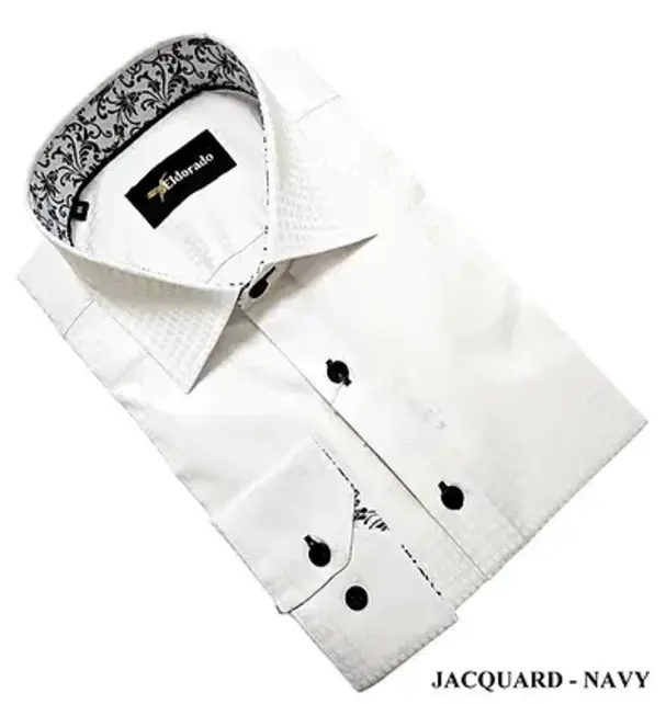 Eldorado Jacquard Dress Shirt - White W/Navy Buttons