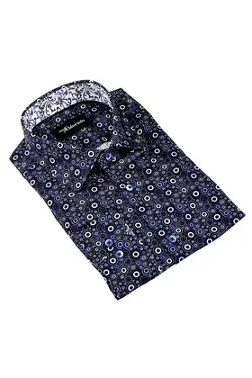 Eldorado Cotton Pattern Stretch Dress Shirt - Navy