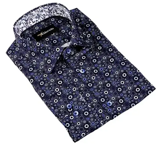 Eldorado Cotton Pattern Stretch Dress Shirt - Navy