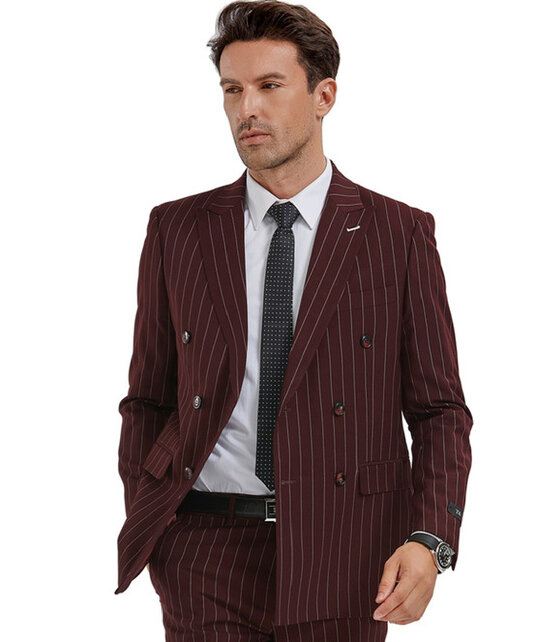 Tazzio Double Breasted Pinstripe Suit - 2 Piece - Burgundy