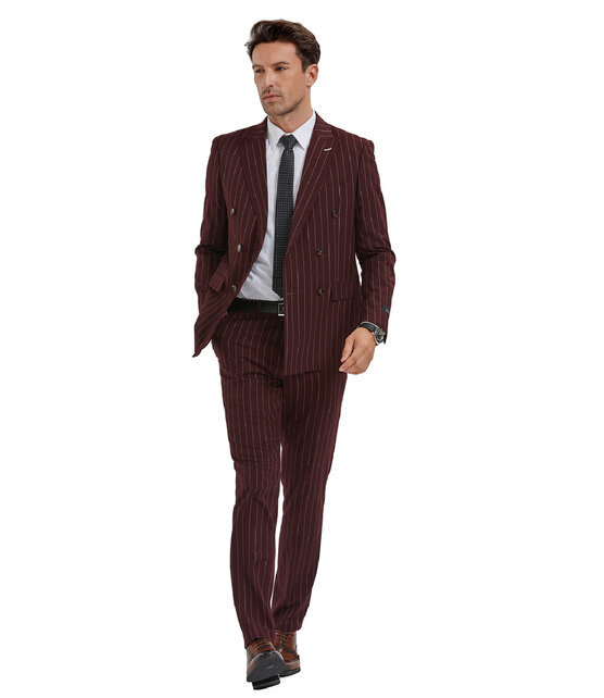 Tazzio Double Breasted Pinstripe Suit - 2 Piece - Burgundy