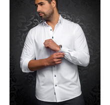 Au Noir Alexander Stretch Solid Dress Shirt - White/Navy Buttons