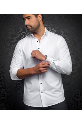 Au Noir Alexander Stretch Solid Dress Shirt - White/Navy Buttons