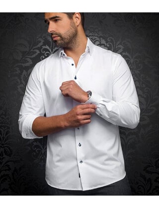 Au Noir Alexander Stretch Solid Dress Shirt - White/Navy Buttons
