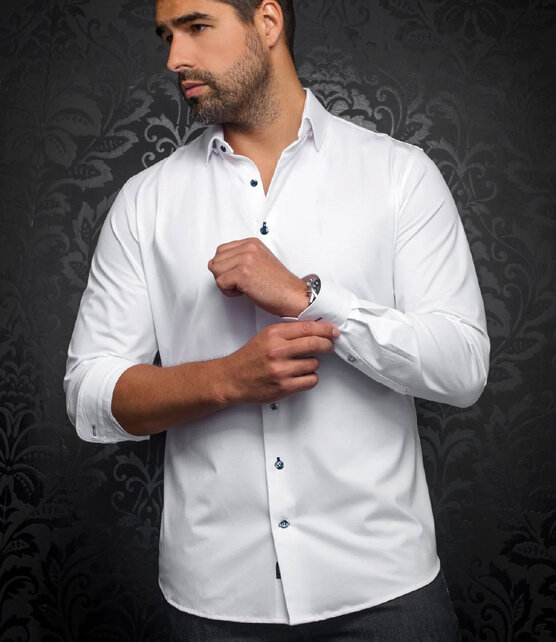 Au Noir Alexander Stretch Solid Dress Shirt - White/Navy Buttons