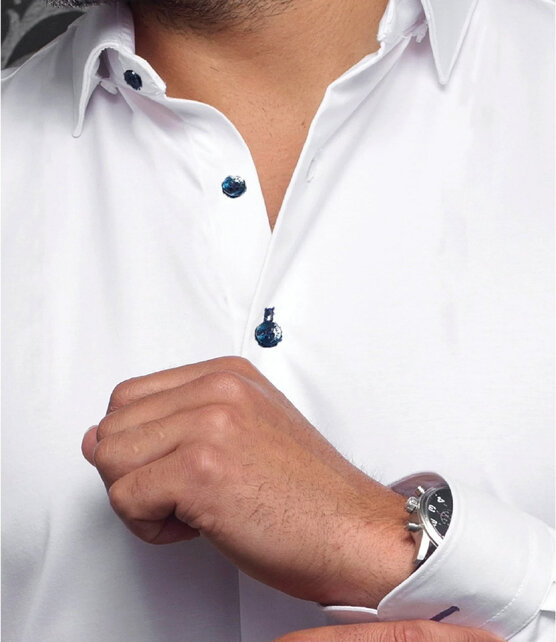 Au Noir Alexander Stretch Solid Dress Shirt - White/Navy Buttons