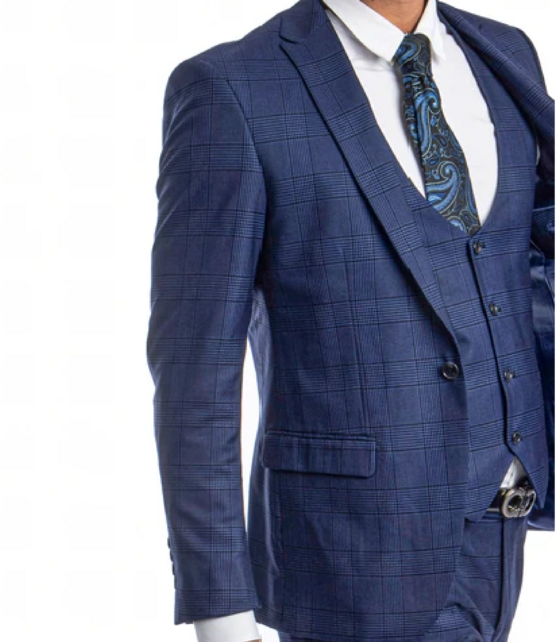 Tazzio - 1 Button Plaid Peak Lapel 3Pc Suit - Blue