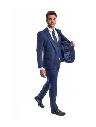 Tazzio - 1 Button Plaid Peak Lapel 3Pc Suit - Blue