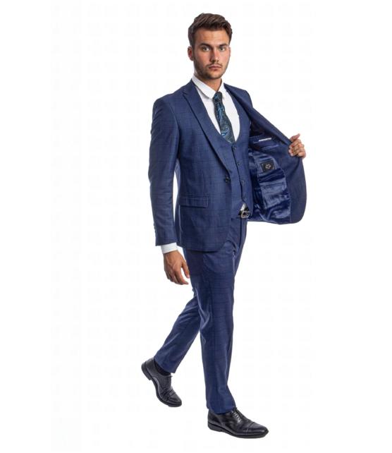 Tazzio - 1 Button Plaid Peak Lapel 3Pc Suit - Blue