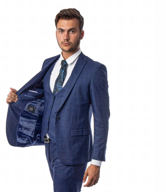 Tazzio - 1 Button Plaid Peak Lapel 3Pc Suit - Blue