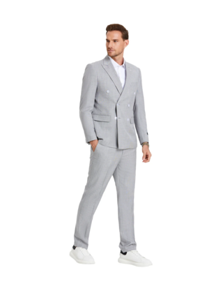 Tazzio Double Breasted Pinstripe Suit - 3 Piece - Light Grey