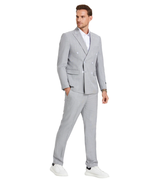 Tazzio Double Breasted Pinstripe Suit - 3 Piece - Light Grey