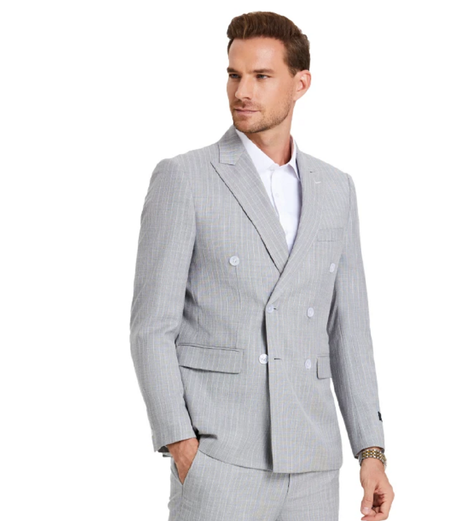 Tazzio Tazzio Double Breasted Pinstripe Suit - 3 Piece - Light Grey
