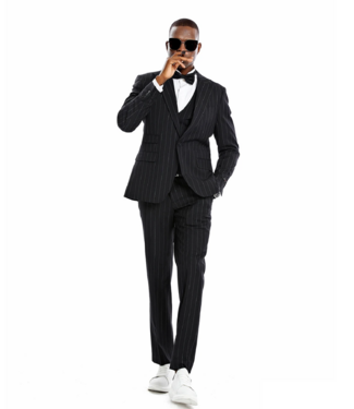 Tazzio Tazzio 1 Button Peak Lapel Pinstripe Suit - 3 Piece - Black