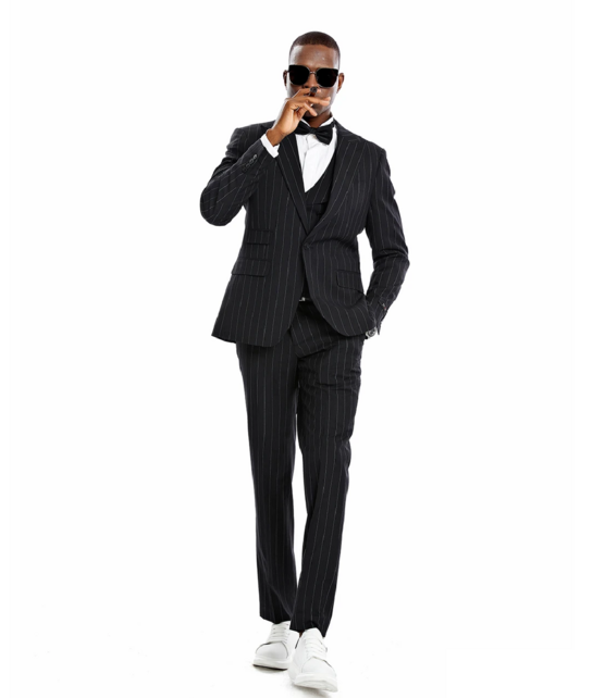 Tazzio 1 Button Peak Lapel Pinstripe Suit - 3 Piece - Black